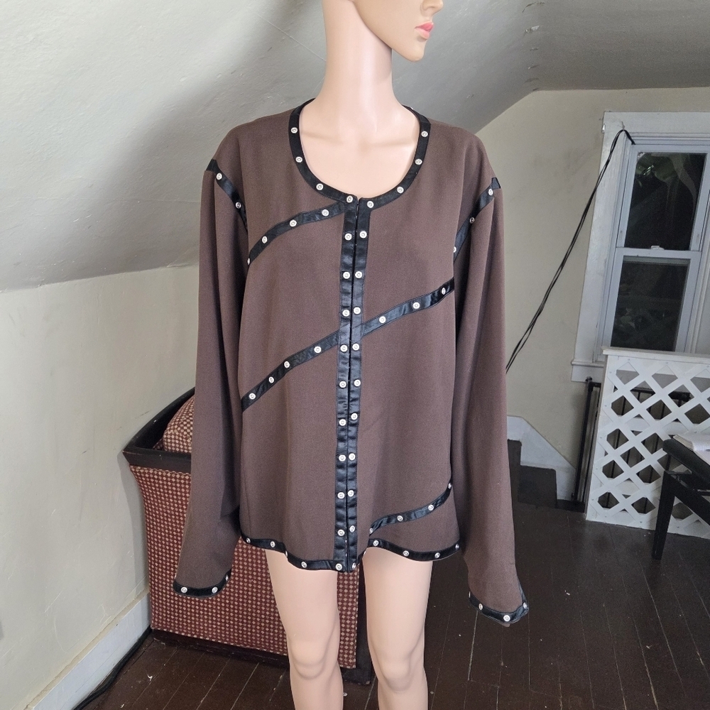 Victor Costa Occasion Brown Jacket Women 2X Plus Snap Button Stud Trim Vintage